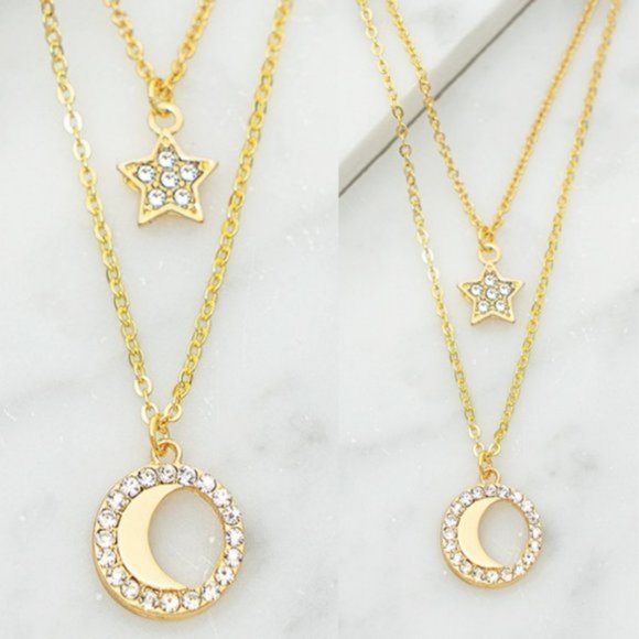 Lively Jewelry - NEW Gold Moon Star Pendant Double Dainty Necklace